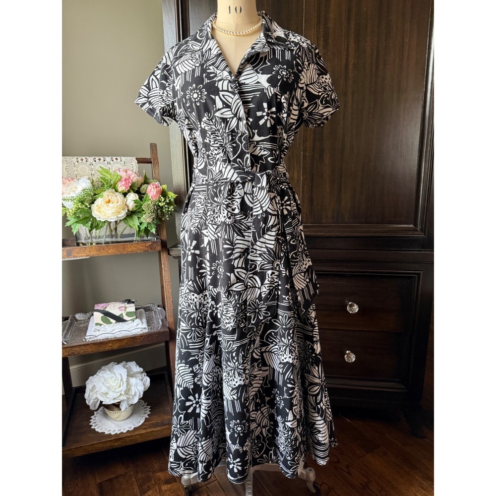 Talbots Fit & Flare Dress Linen Cotton Black White Floral Belted Size 8 Midi